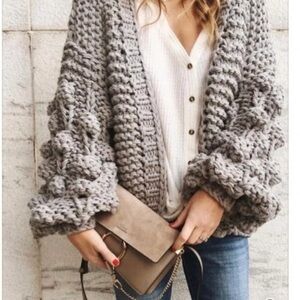 Elan Gray Chunky Drop Shoulder Embellished Knit Ball Sleeves Cardigan Sweater